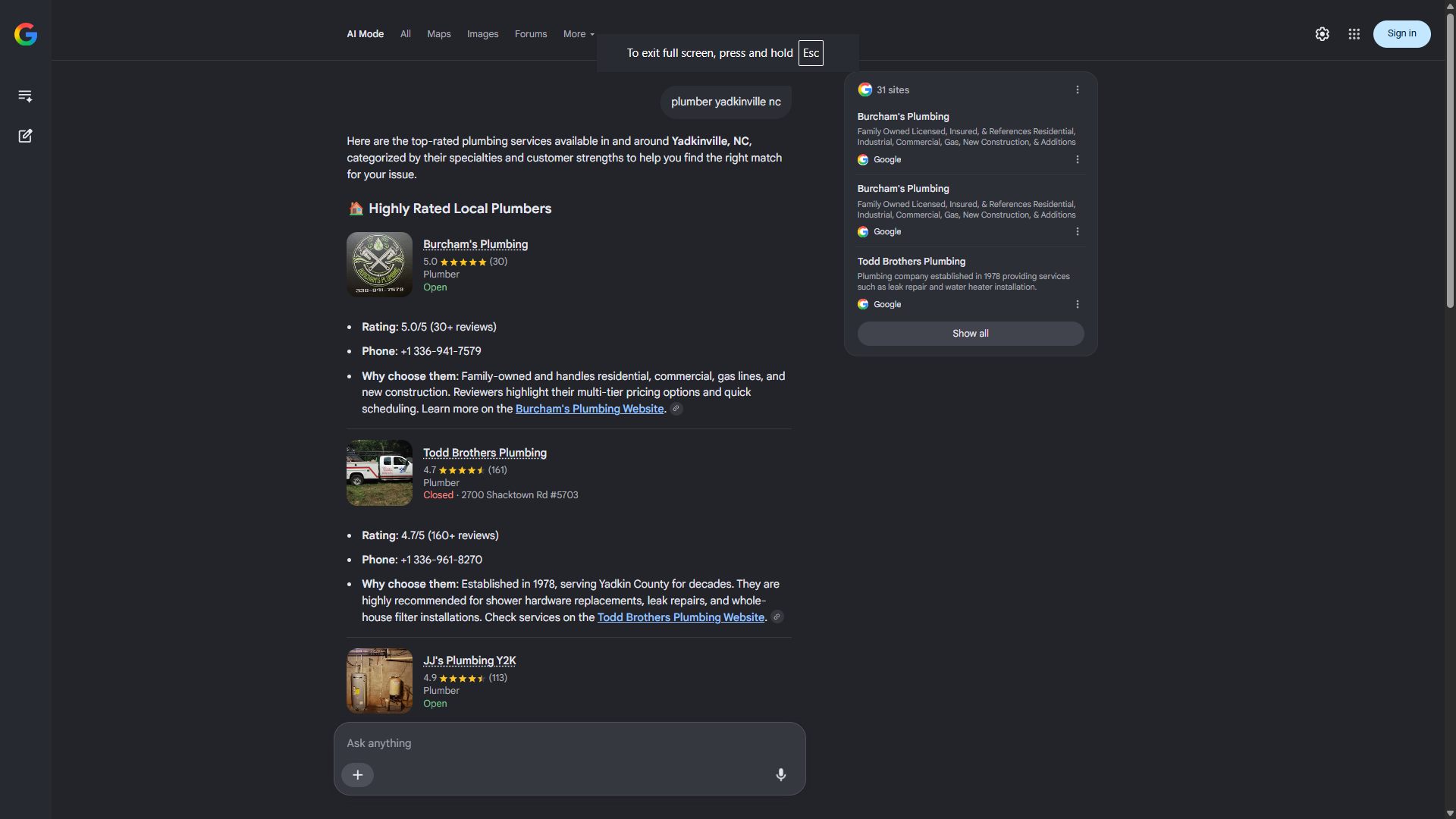 AI-powered local search surfacing Burcham's alongside established competitors