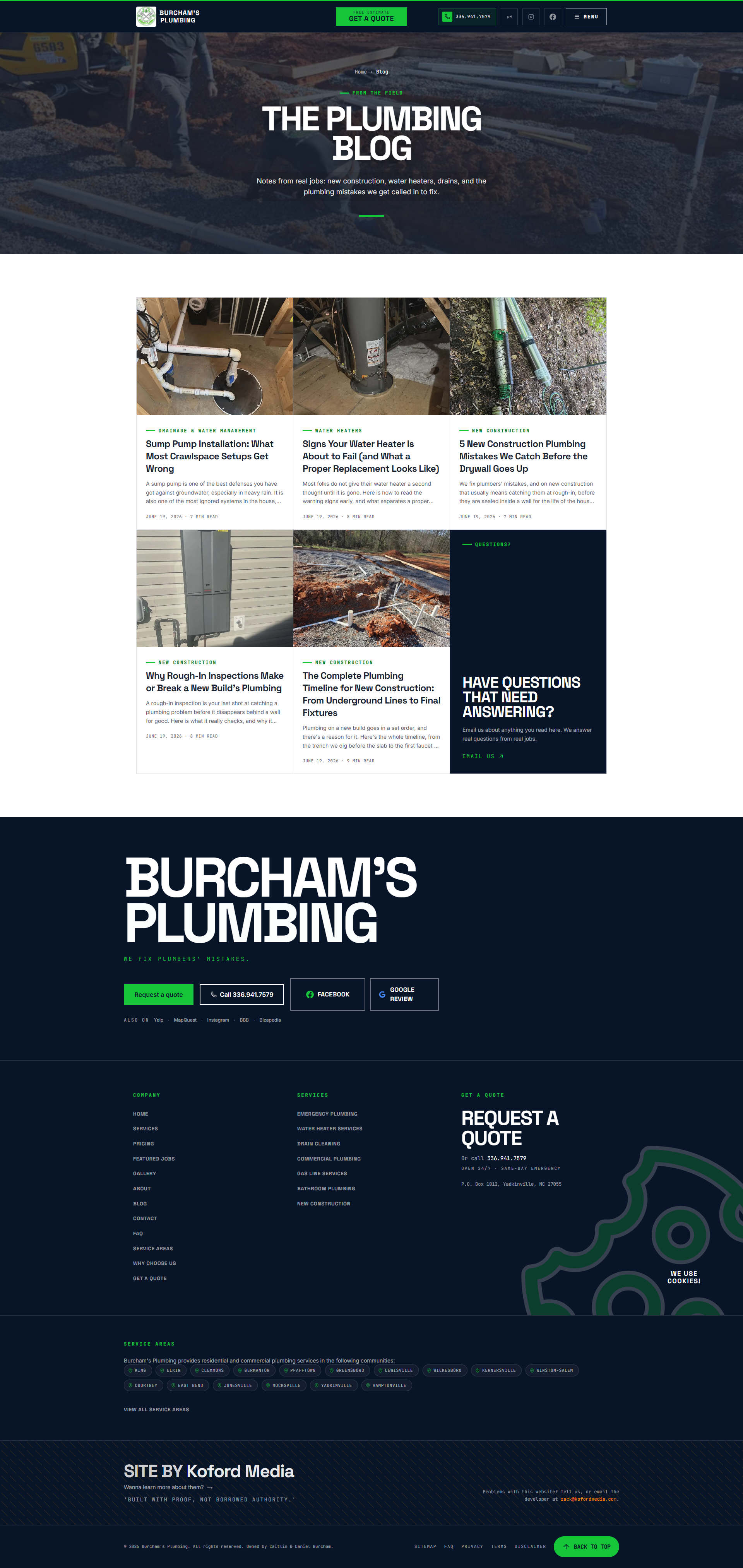 Burcham's Plumbing blog hub with published authority posts