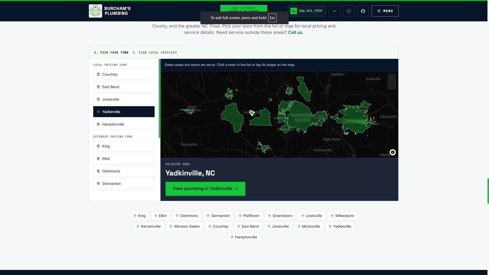 Service coverage map with local pricing zones across the Piedmont Triad