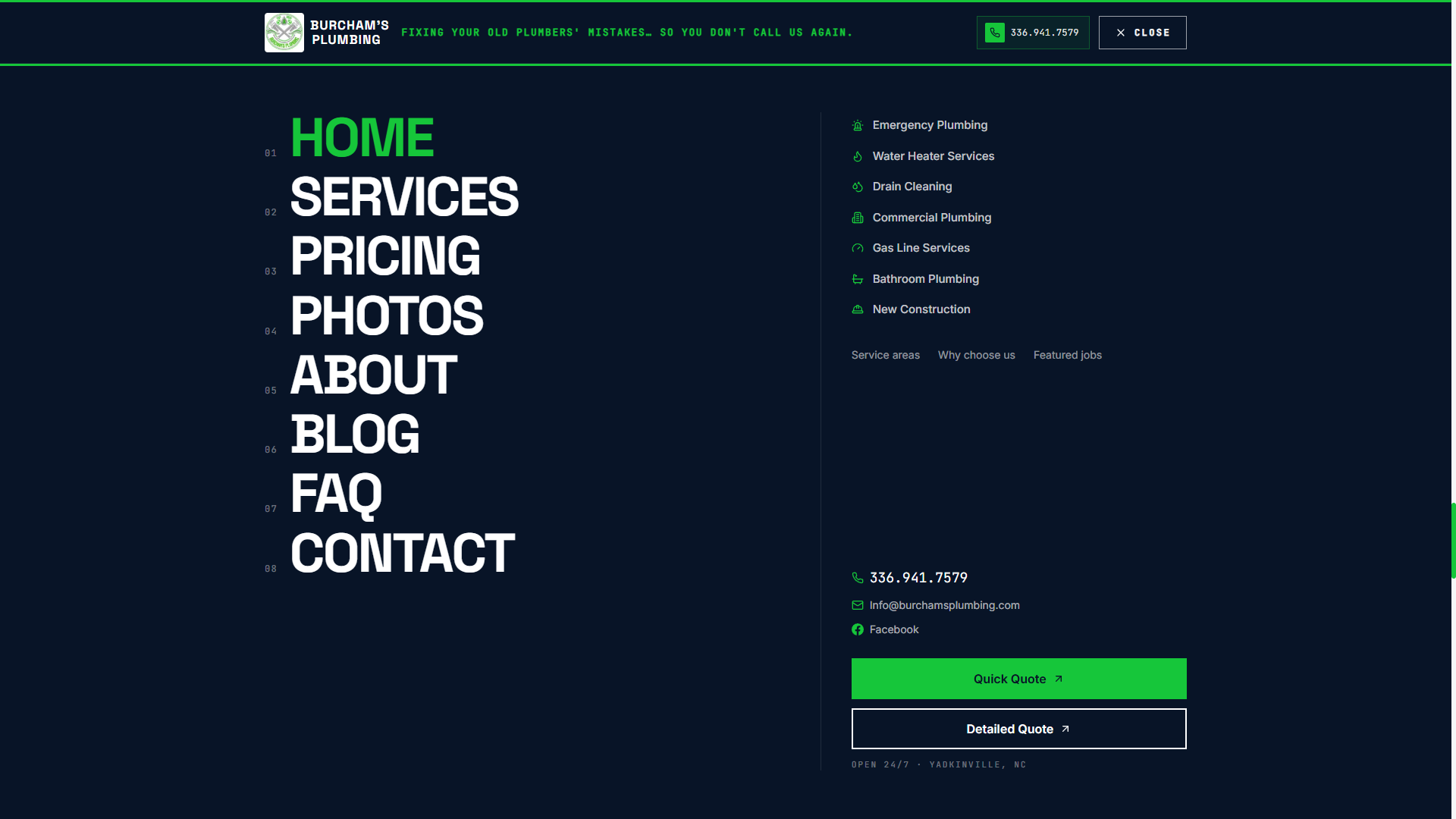 Desktop navigation on the rebuilt Burcham's Plumbing site