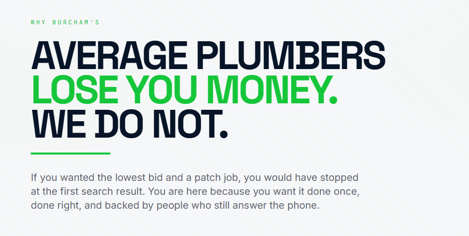 Why Choose Us section with branded styling on Burcham's Plumbing