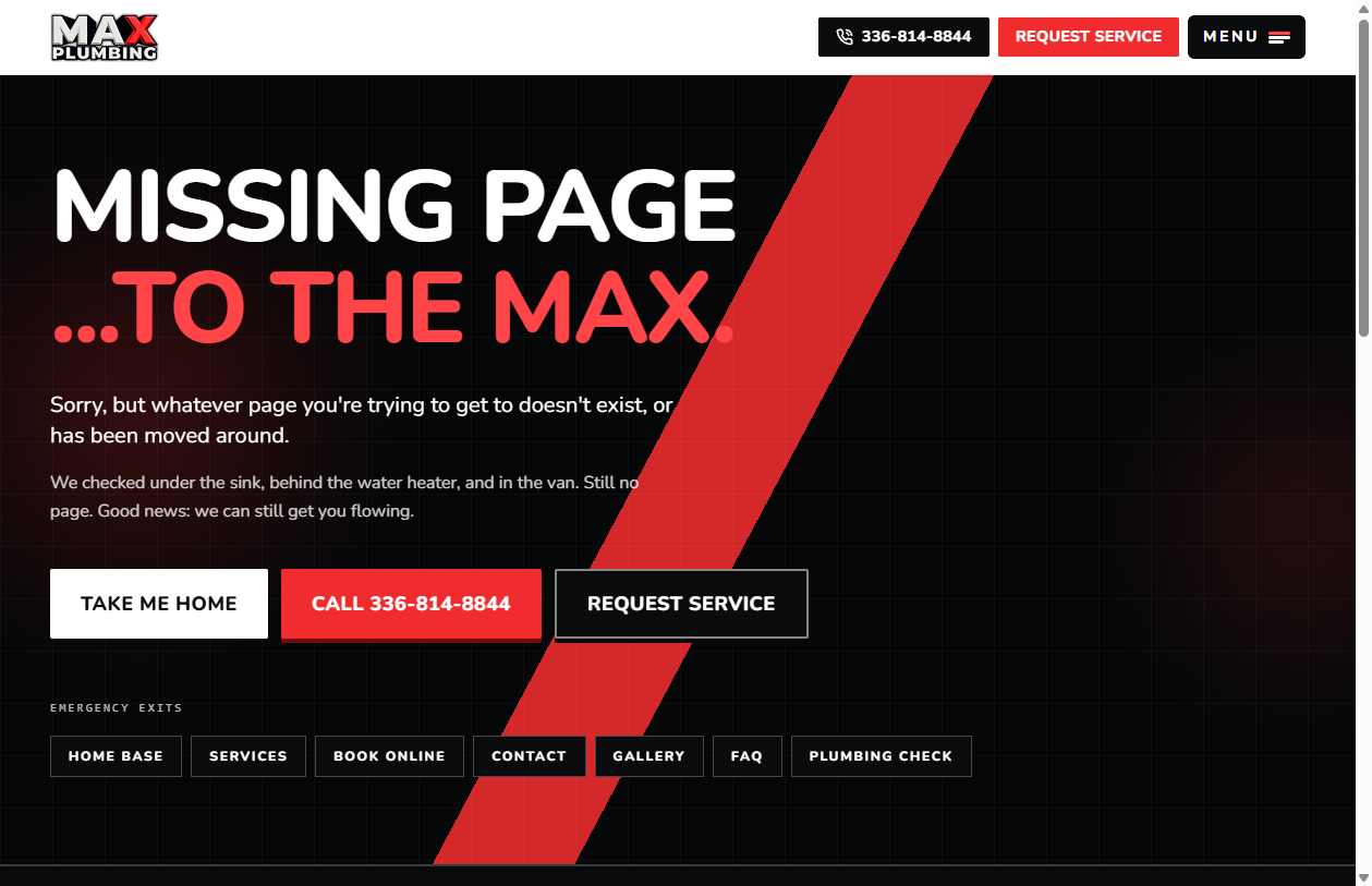 MAX Plumbing custom 404 page that routes visitors back into services
