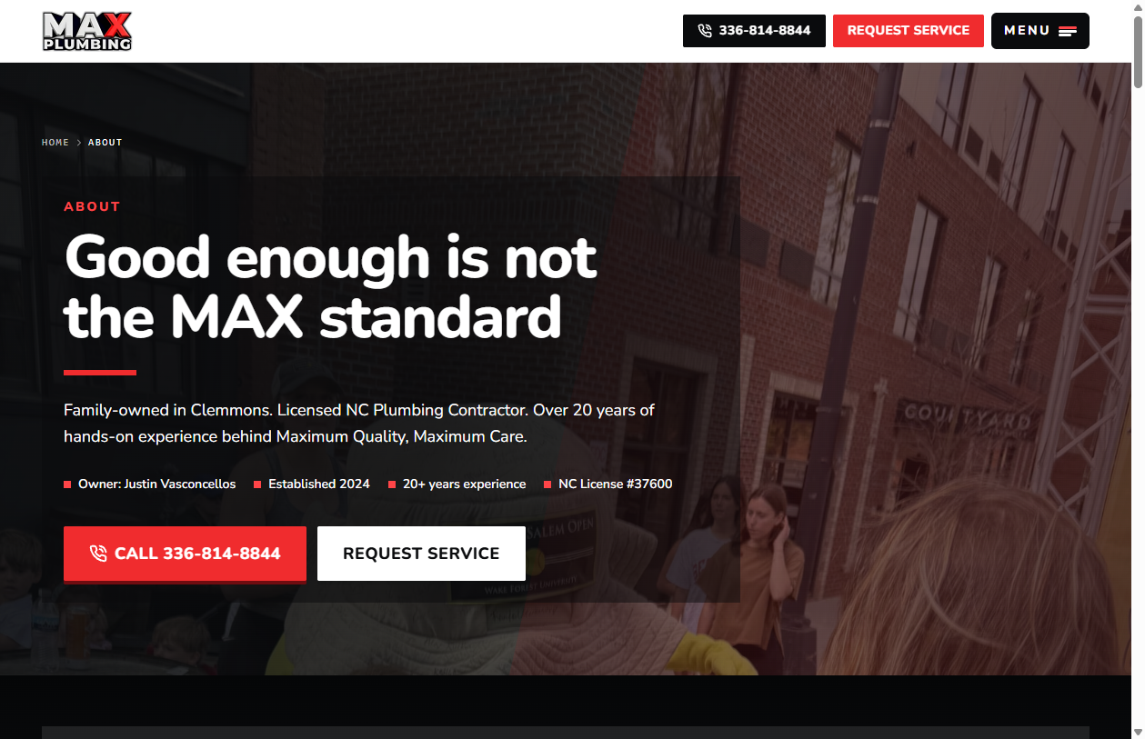 MAX Plumbing about page after the rebuild, focused on the people behind the company