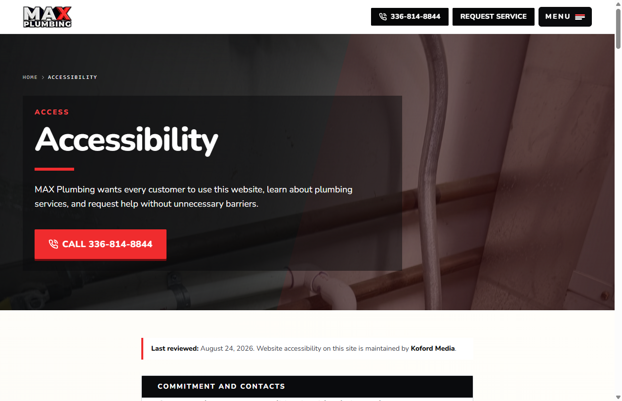 MAX Plumbing accessibility page reflecting inclusive design in the custom build