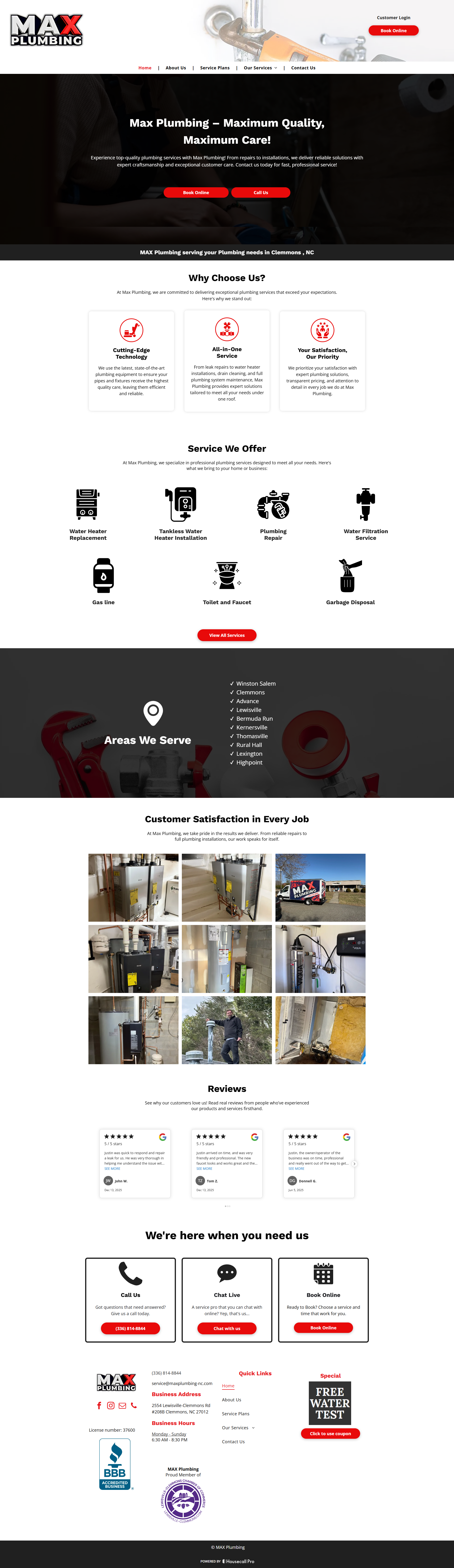 MAX Plumbing homepage before the Koford Media rebuild