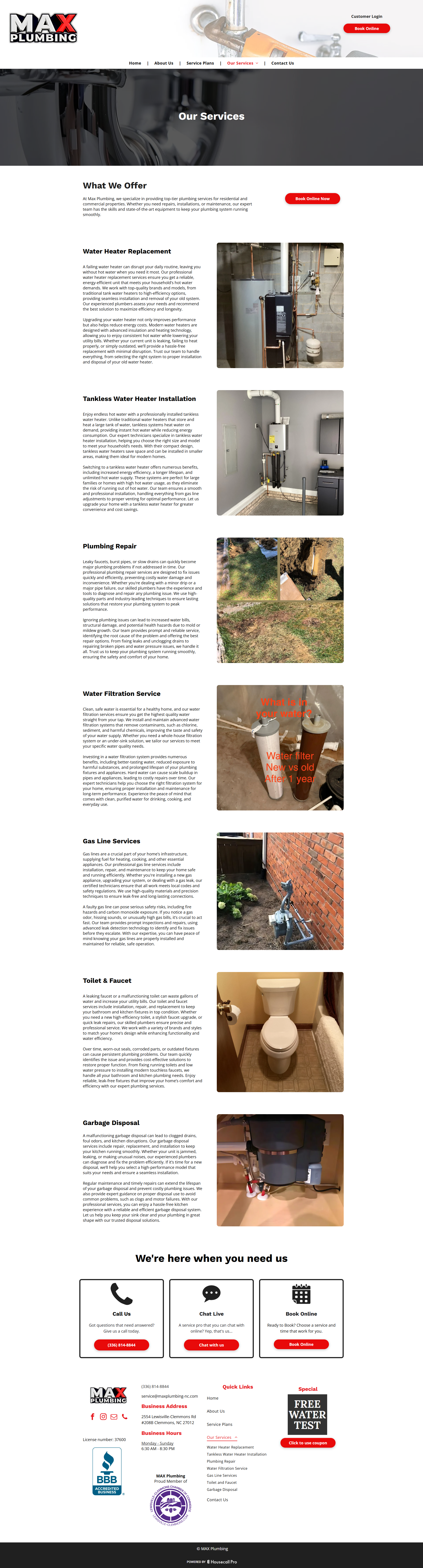 MAX Plumbing services page before the rebuild, limited destinations for individual plumbing searches