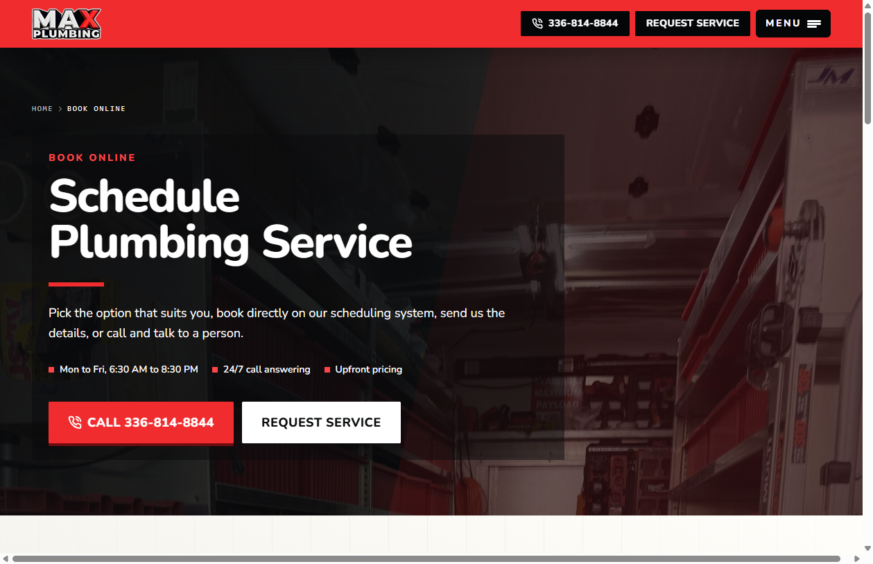 MAX Plumbing book online page with a clear conversion path