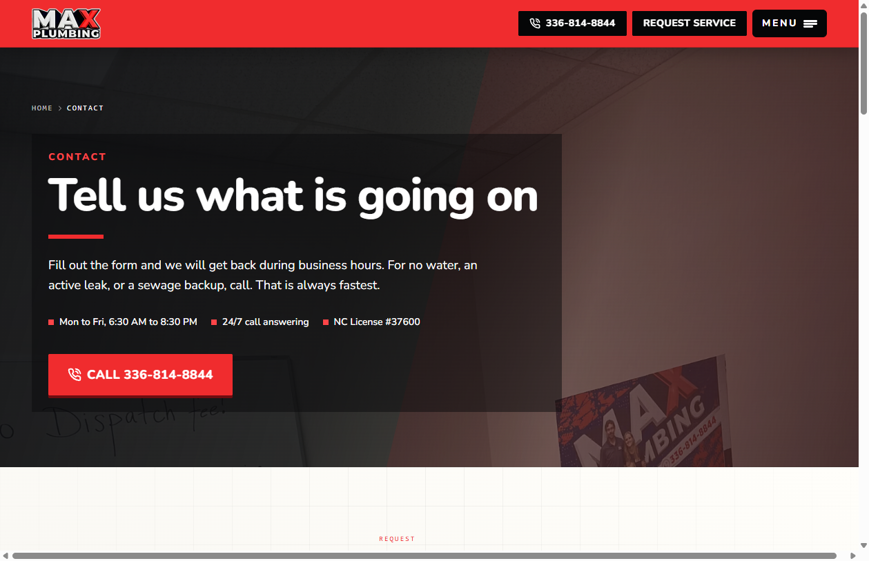 MAX Plumbing contact page after the rebuild