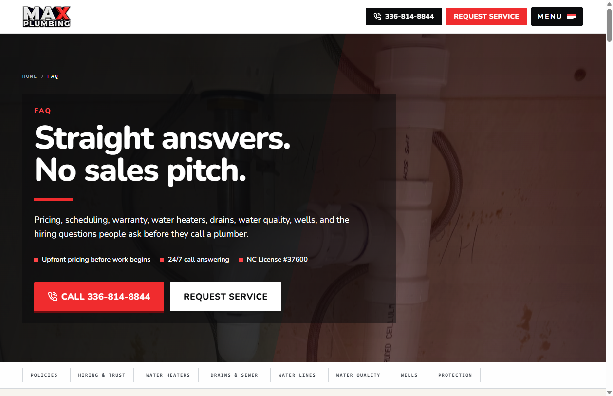 MAX Plumbing FAQ page with structured answers for homeowners and search engines