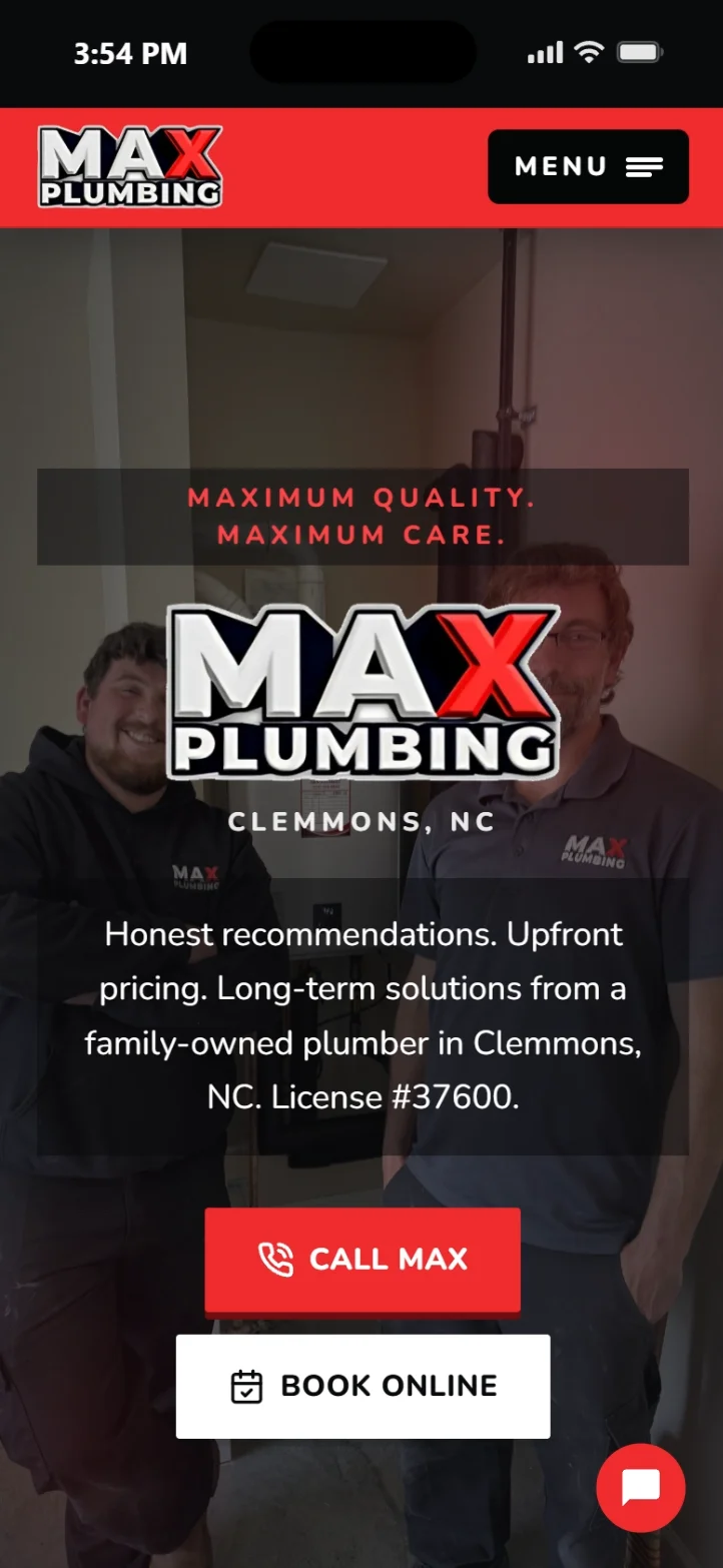 MAX Plumbing mobile homepage hero on the rebuilt custom website