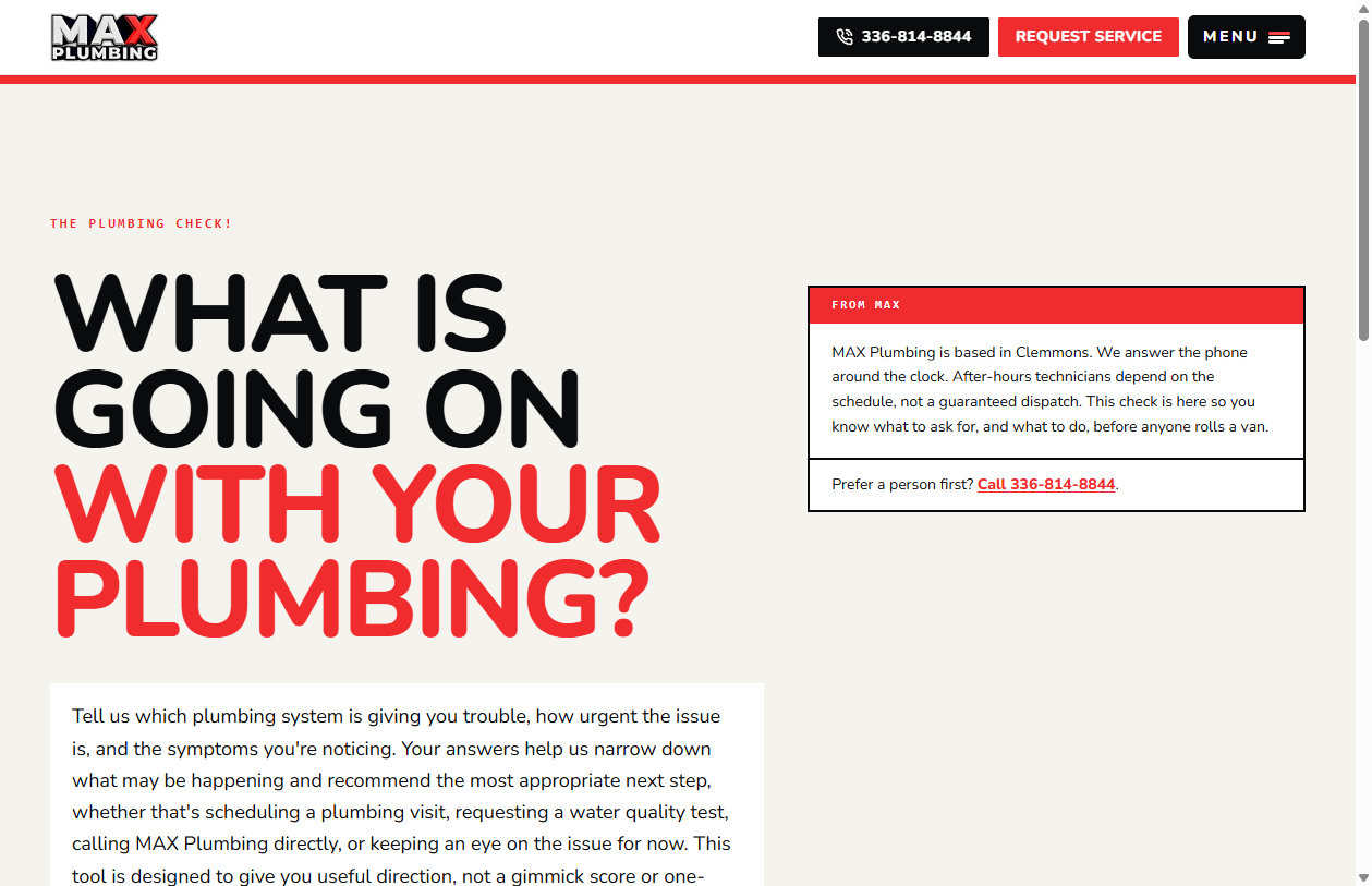 MAX Plumbing Check diagnostic page for problem-first navigation