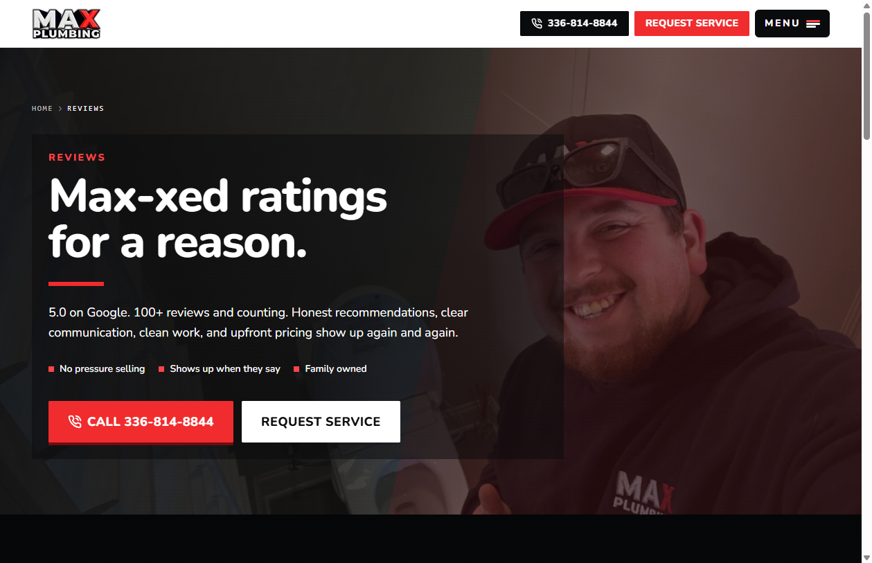 MAX Plumbing reviews page with on-brand social proof after the rebuild