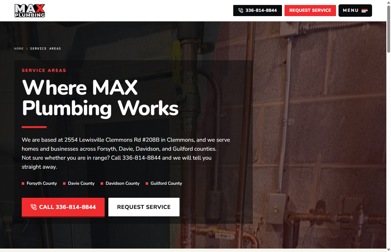 MAX Plumbing service areas page covering Clemmons and the Triad