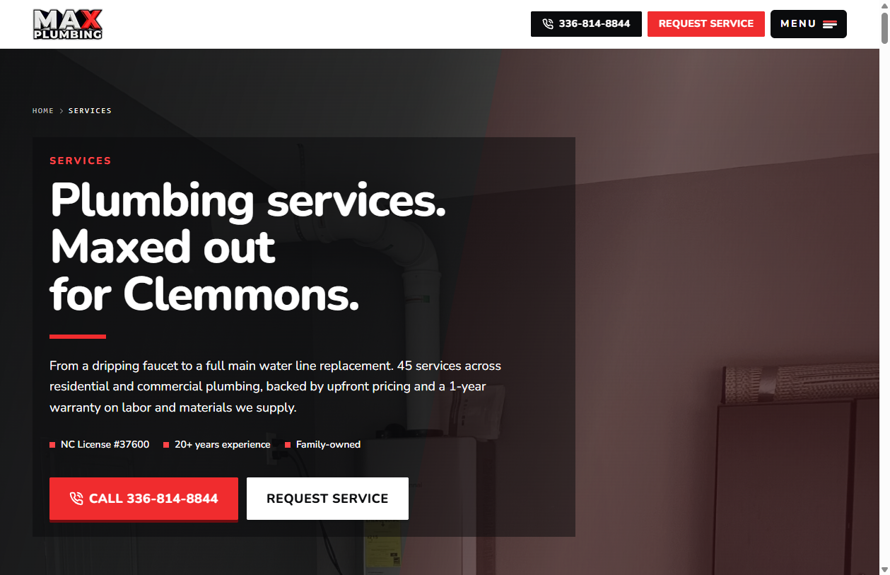 MAX Plumbing services page after the rebuild with dedicated service destinations