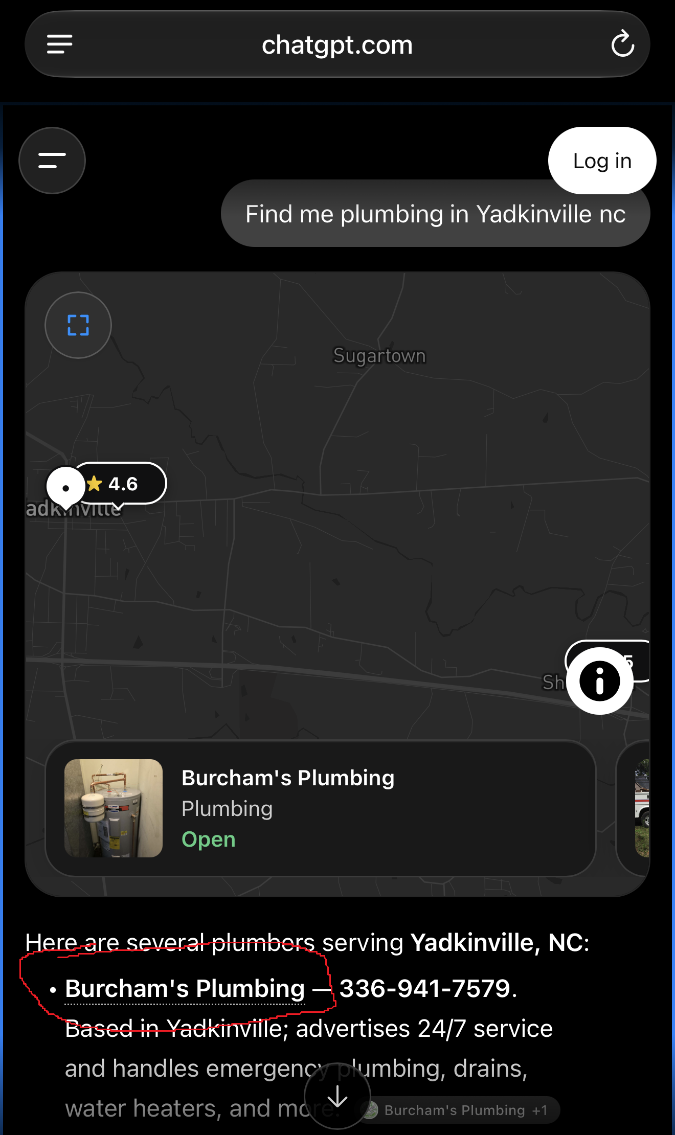 ChatGPT result for plumbing in Yadkinville, with Burcham's Plumbing first, the phone number visible, and the company featured on the map card.