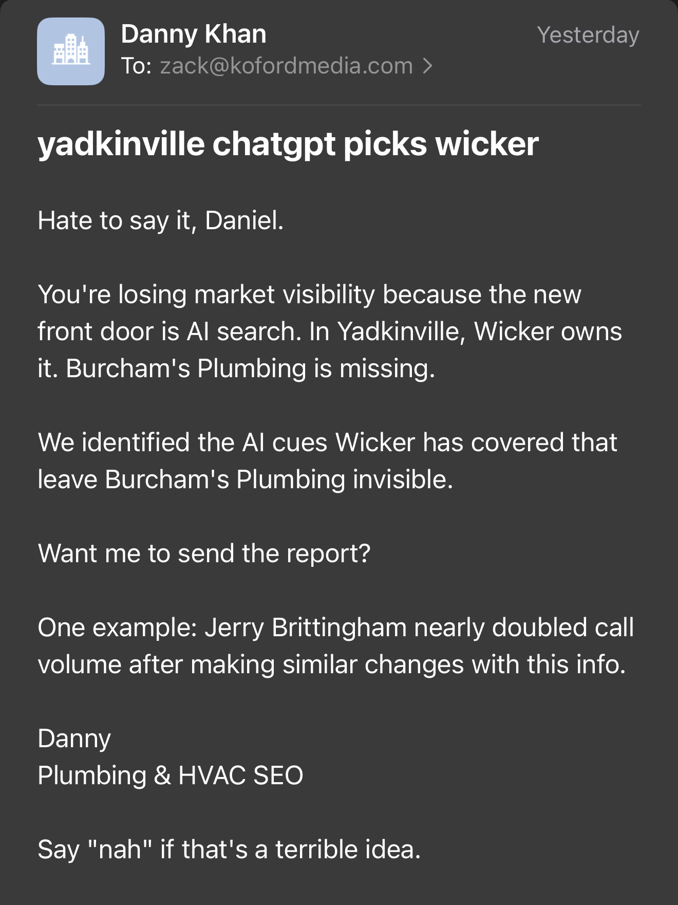 The cold email that prompted this article. The sender used the domain useplumberseosite.com.