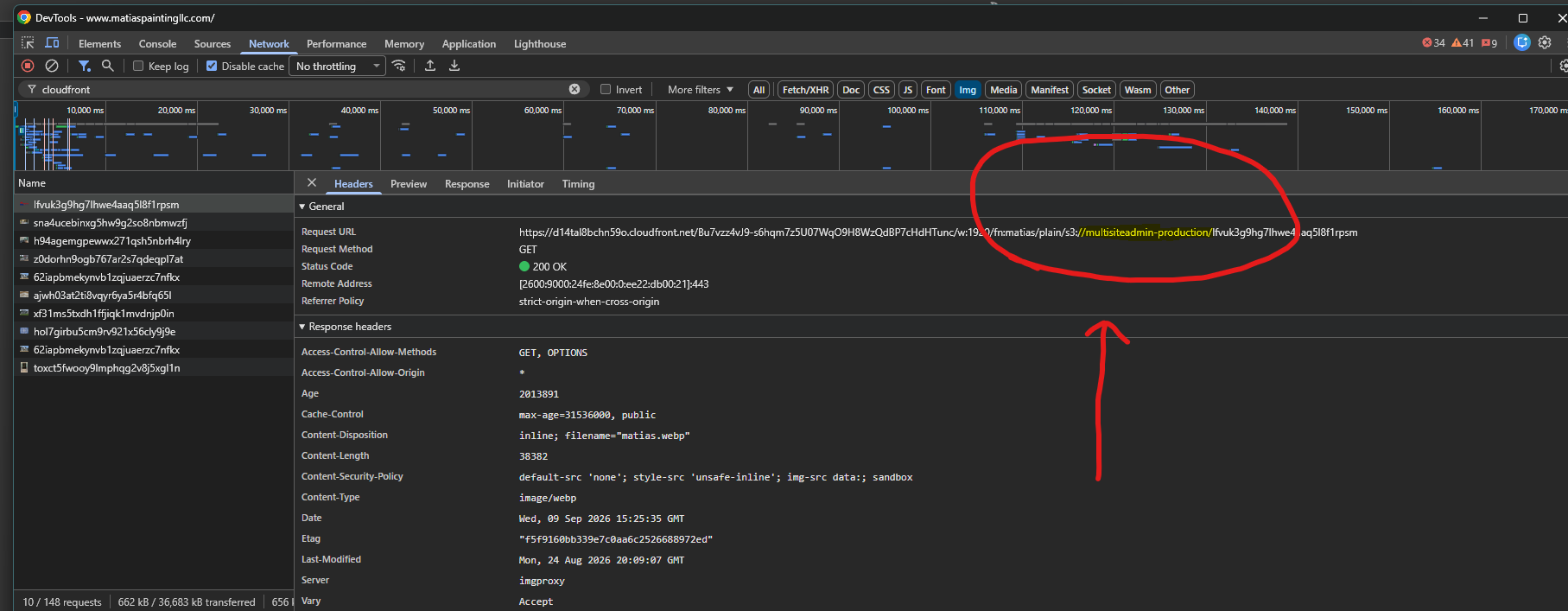 Network request showing MultiSiteAdmin production resources on Matias Painting.
