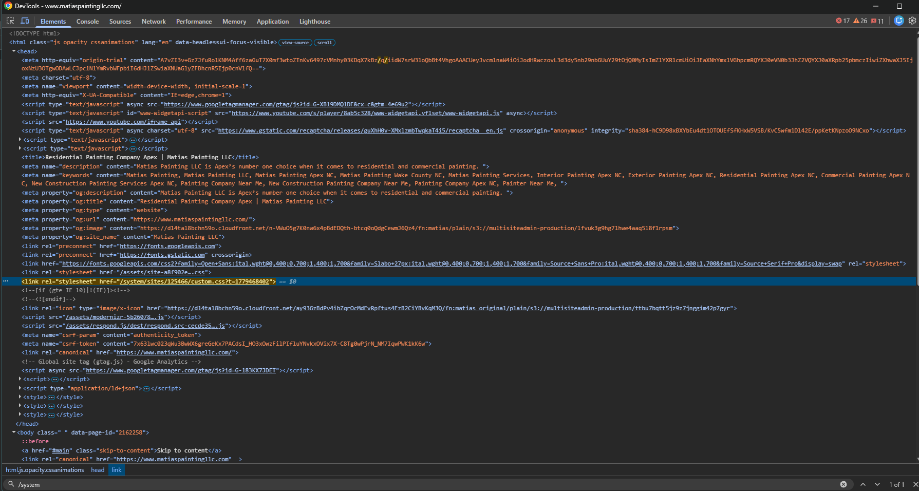 Source markup showing the Matias Painting site-specific custom.css path.