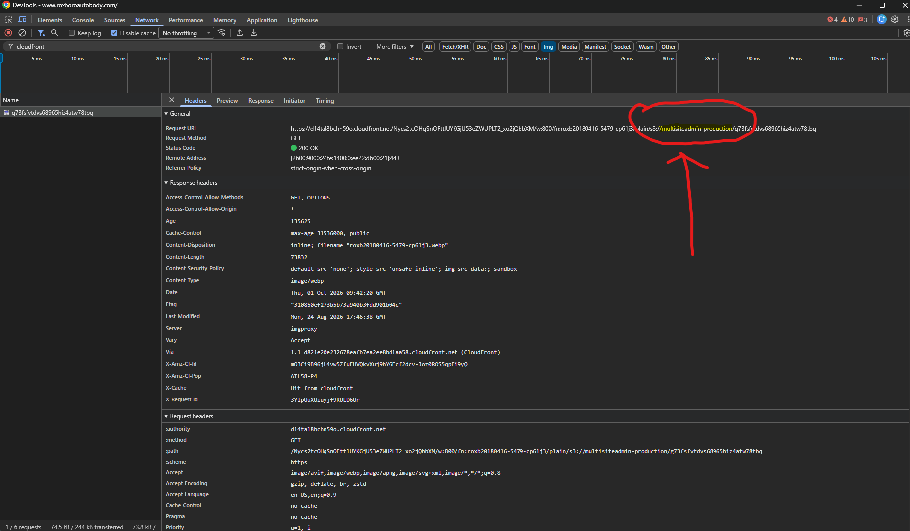 Network request showing MultiSiteAdmin production asset paths on Roxboro Auto Body.