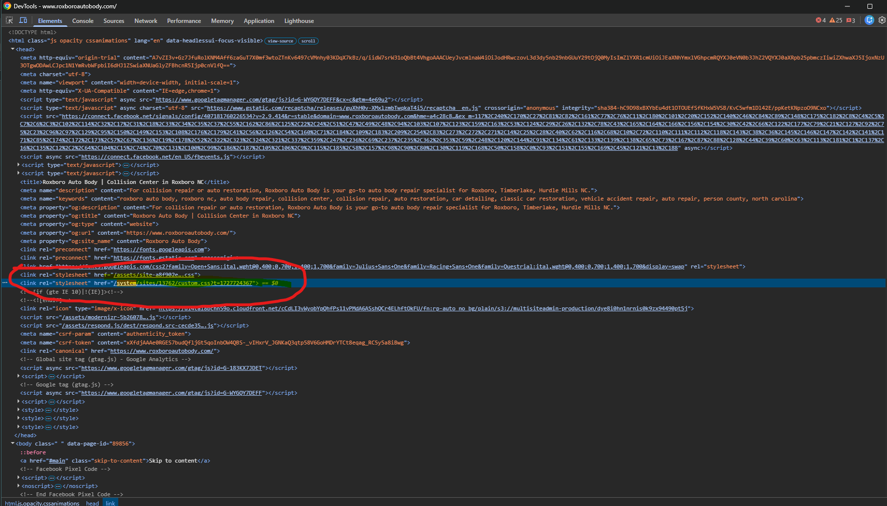 Source markup referencing a site-specific custom.css path on Roxboro Auto Body.